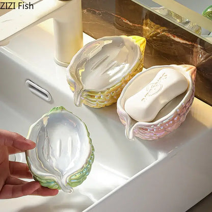 Pink and yellow bitter gourd ceramic soap dish bathroom drainage rack