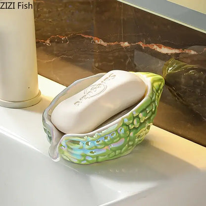 Pink and yellow bitter gourd ceramic soap dish bathroom drainage rack