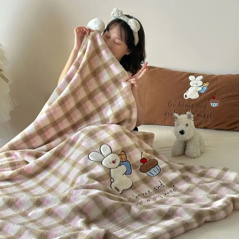 Pink & beige cartoon patch woolen blanket with fur balls bedroom decor