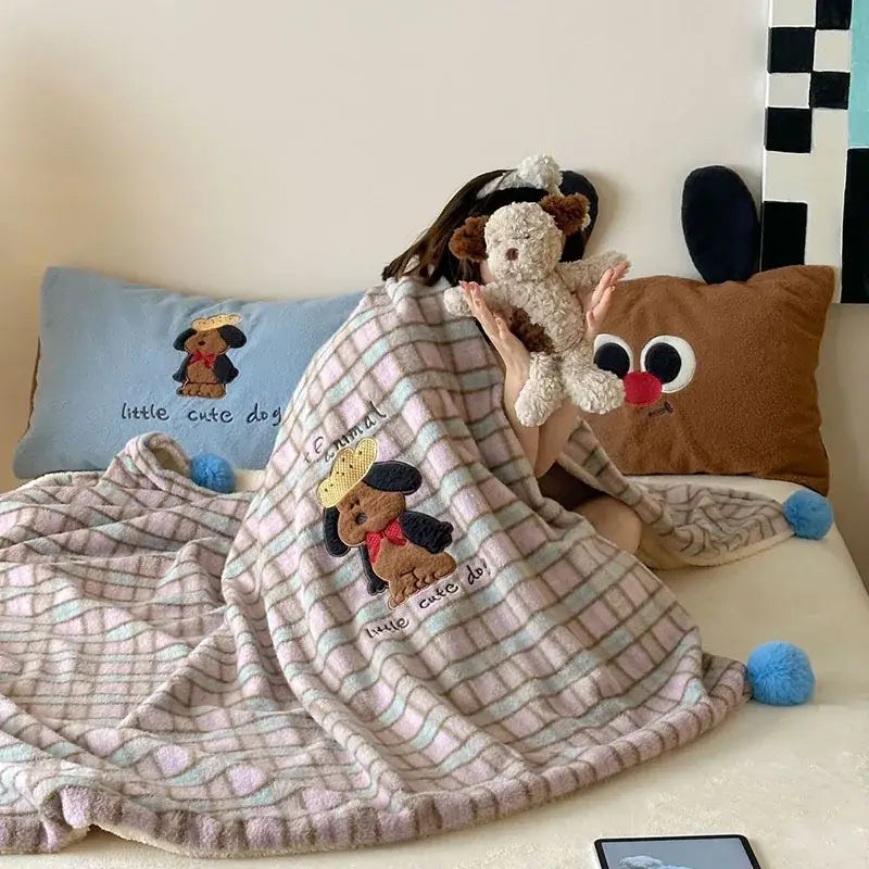 Pink & beige cartoon patch woolen blanket with fur balls bedroom decor