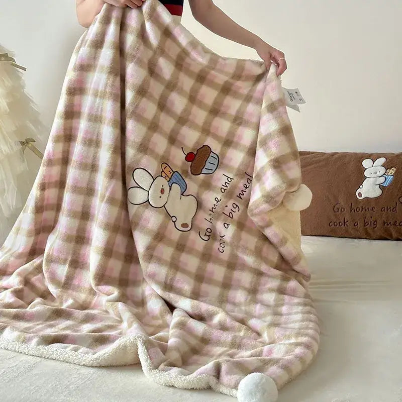 Pink & beige cartoon patch woolen blanket with fur balls bedroom decor