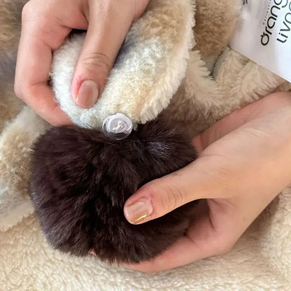 Pink & beige cartoon patch woolen blanket with fur balls bedroom decor