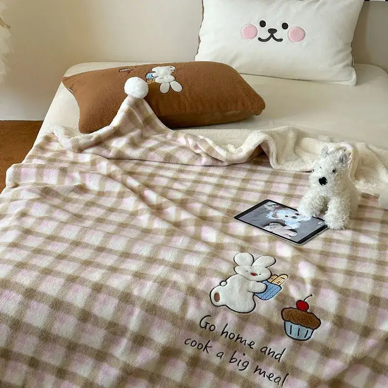 Pink & beige cartoon patch woolen blanket with fur balls bedroom decor