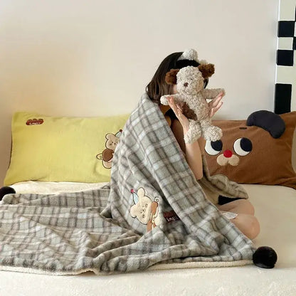 Pink & beige cartoon patch woolen blanket with fur balls bedroom decor