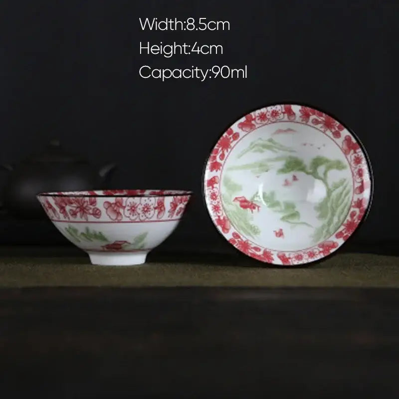 Pink & black floral white porcelain hand-painted bowls dining room set