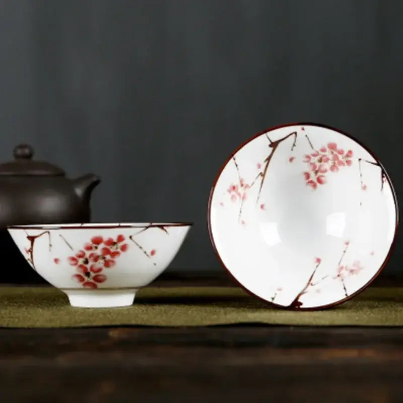 Pink & black floral white porcelain hand-painted bowls dining room set