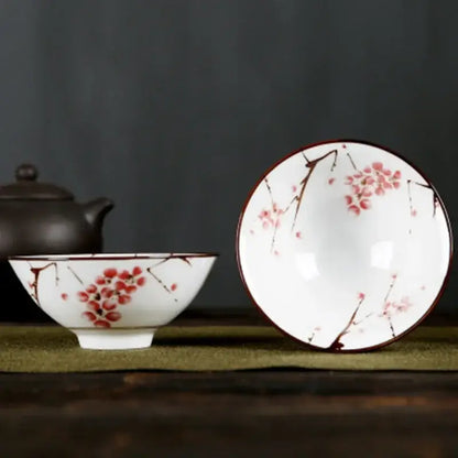 Pink & black floral white porcelain hand-painted bowls dining room set