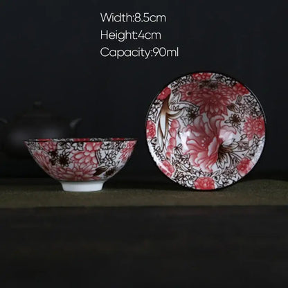 Pink & black floral white porcelain hand-painted bowls dining room set