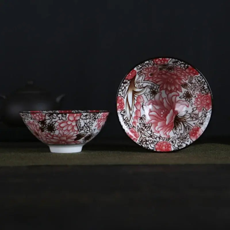 Pink & black floral white porcelain hand-painted bowls dining room set
