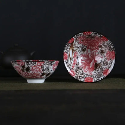 Pink & black floral white porcelain hand-painted bowls dining room set