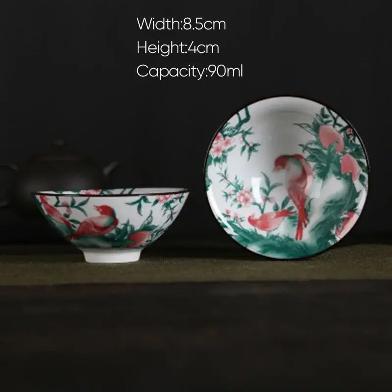 Pink & black floral white porcelain hand-painted bowls dining room set