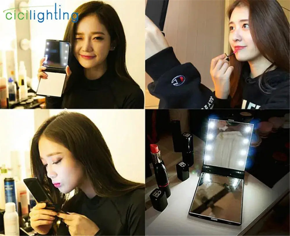 Pink & black led vanity mirror compact bedroom makeup tool
