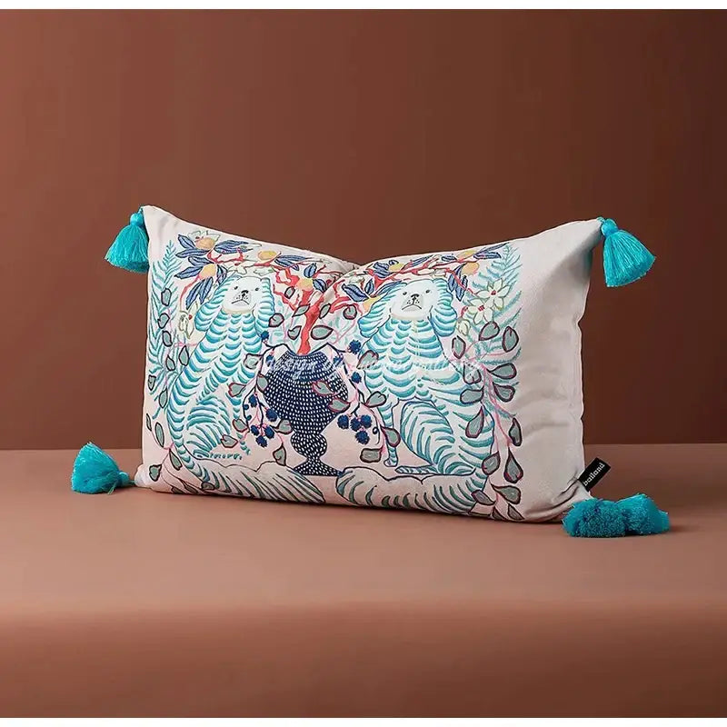 Pink & blue lion dog lumbar pillow cover bedroom tiger decor