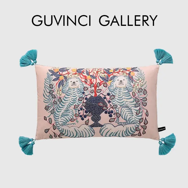 Pink & blue lion dog lumbar pillow cover bedroom tiger decor