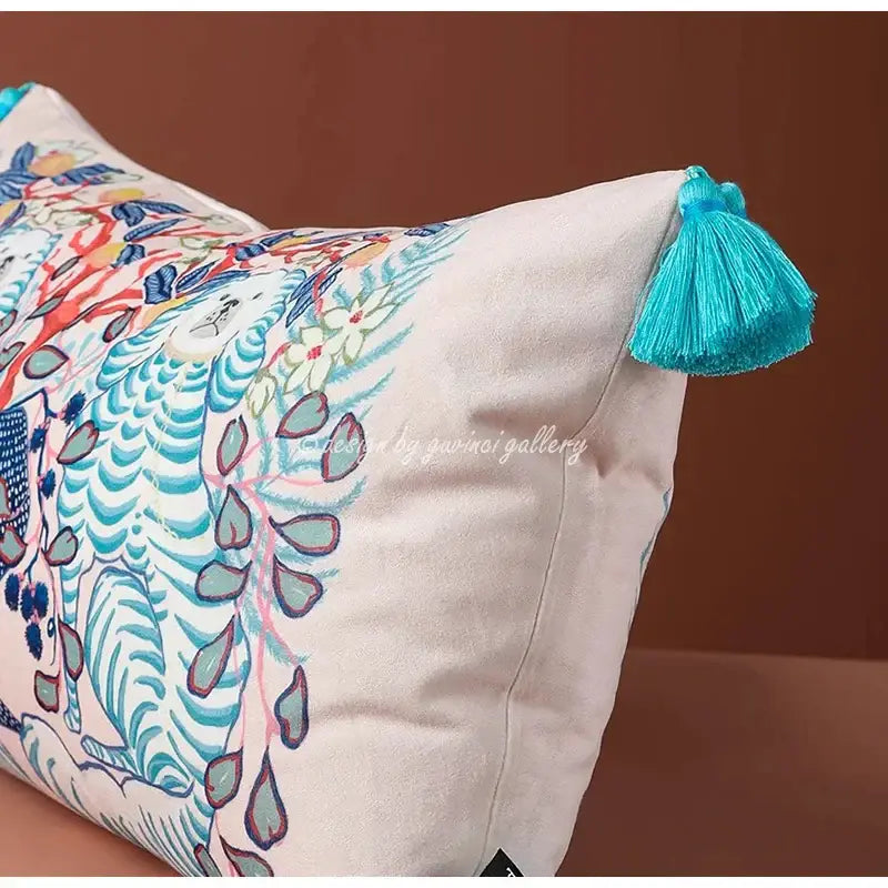 Pink & blue lion dog lumbar pillow cover bedroom tiger decor