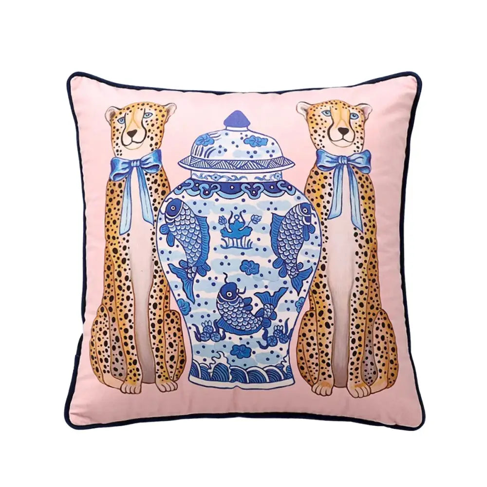 Pink & blue lion dog lumbar pillow cover bedroom tiger decor