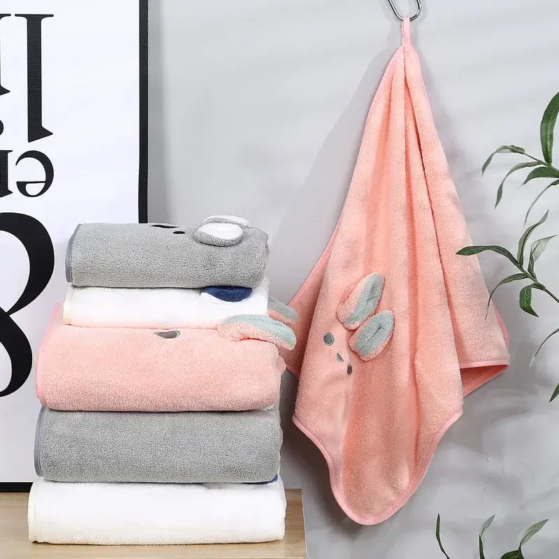 Pink bunny face towel cartoon soft hand decor for bathroom