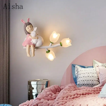 Pink bunny tulip led wall lamp kids room nursery light