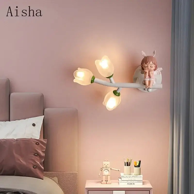Pink bunny tulip led wall lamp kids room nursery light