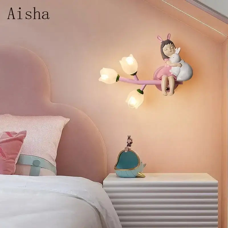 Pink bunny tulip led wall lamp kids room nursery light