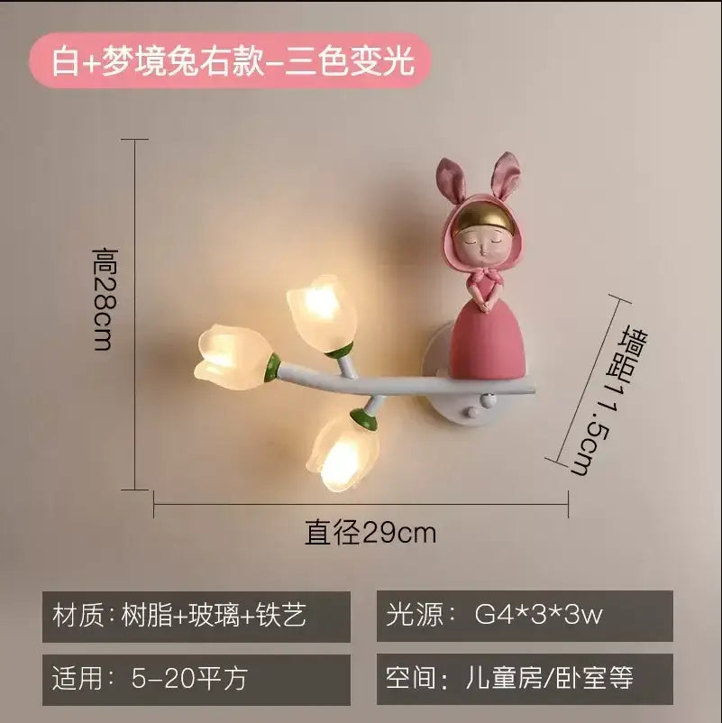 Pink bunny tulip led wall lamp kids room nursery light