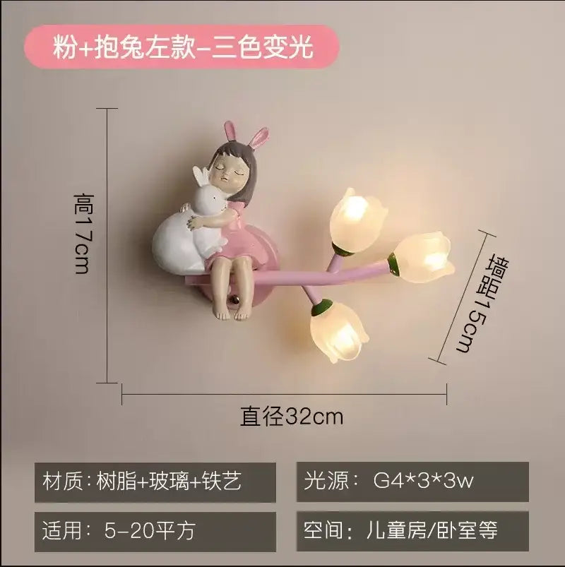 Pink bunny tulip led wall lamp kids room nursery light
