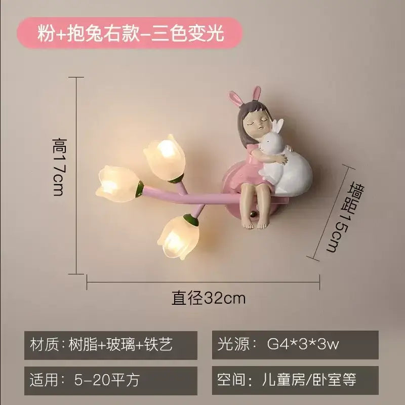 Pink bunny tulip led wall lamp kids room nursery light