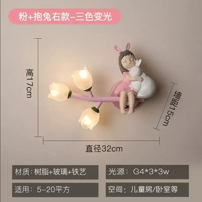 Pink bunny tulip led wall lamp kids room nursery light