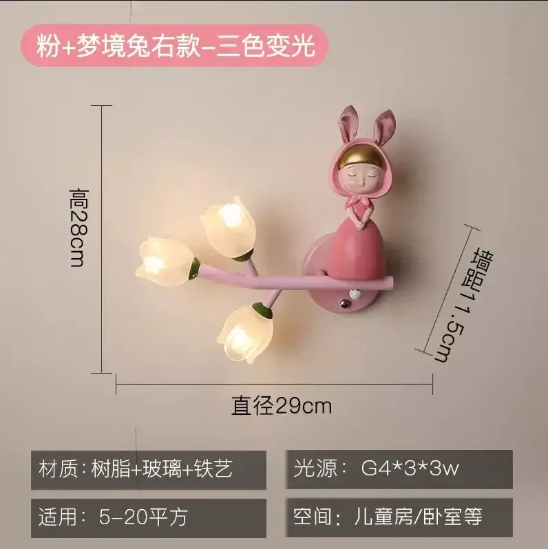 Pink bunny tulip led wall lamp kids room nursery light