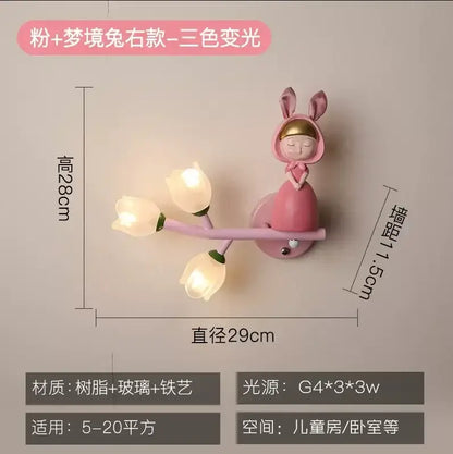 Pink bunny tulip led wall lamp kids room nursery light