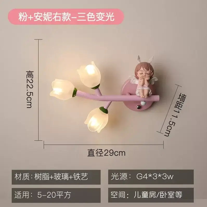 Pink bunny tulip led wall lamp kids room nursery light