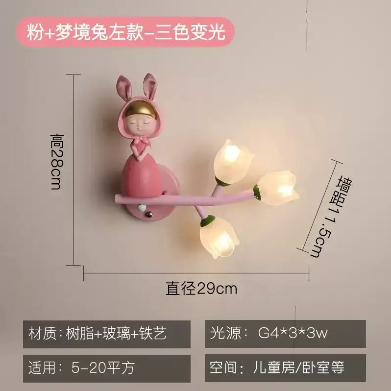 Pink bunny tulip led wall lamp kids room nursery light