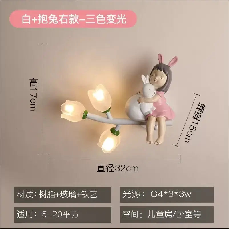 Pink bunny tulip led wall lamp kids room nursery light