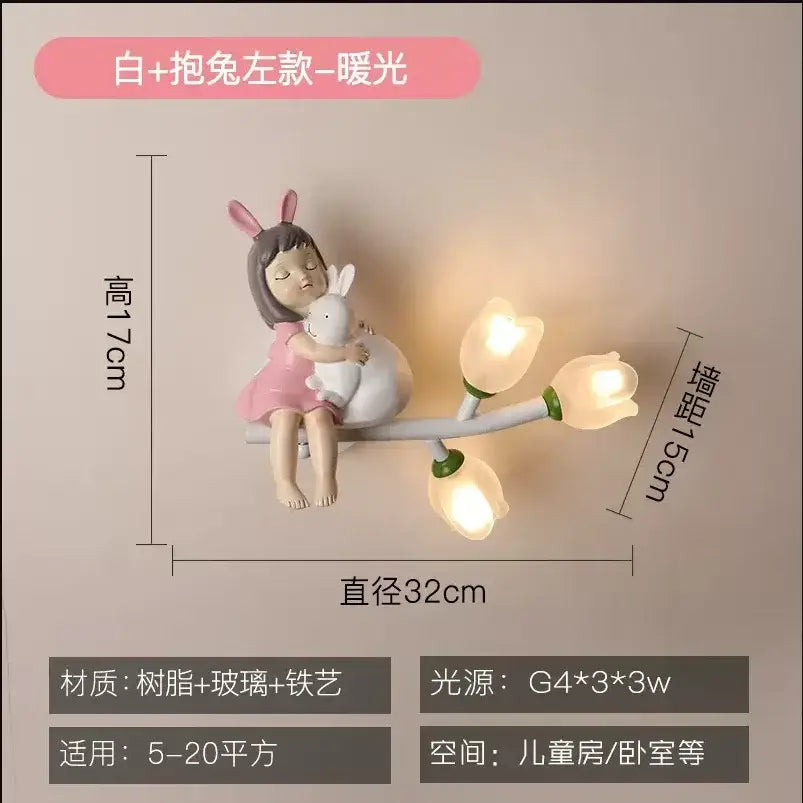Pink bunny tulip led wall lamp kids room nursery light