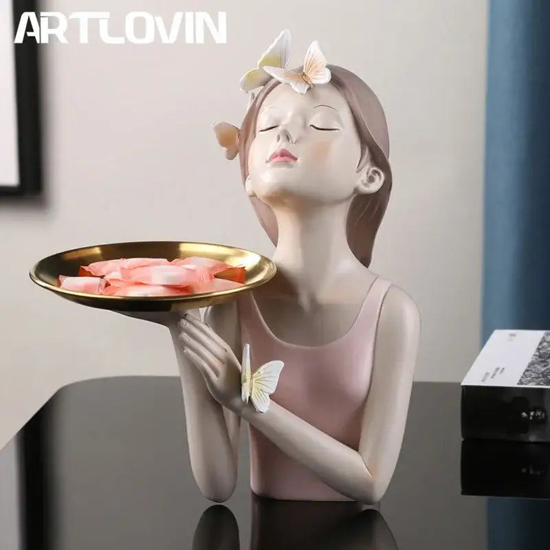 Pink butterfly fairy resin statue bedroom desktop figurine with tray