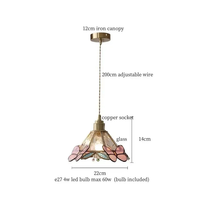 Pink butterfly glass led pendant light for bedroom