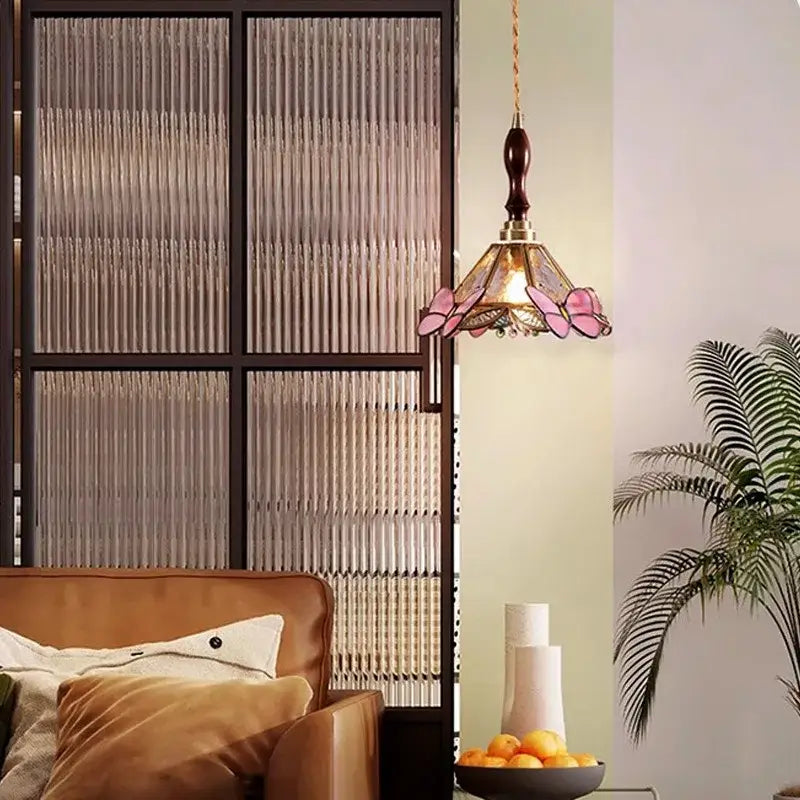 Pink butterfly glass led pendant light for bedroom