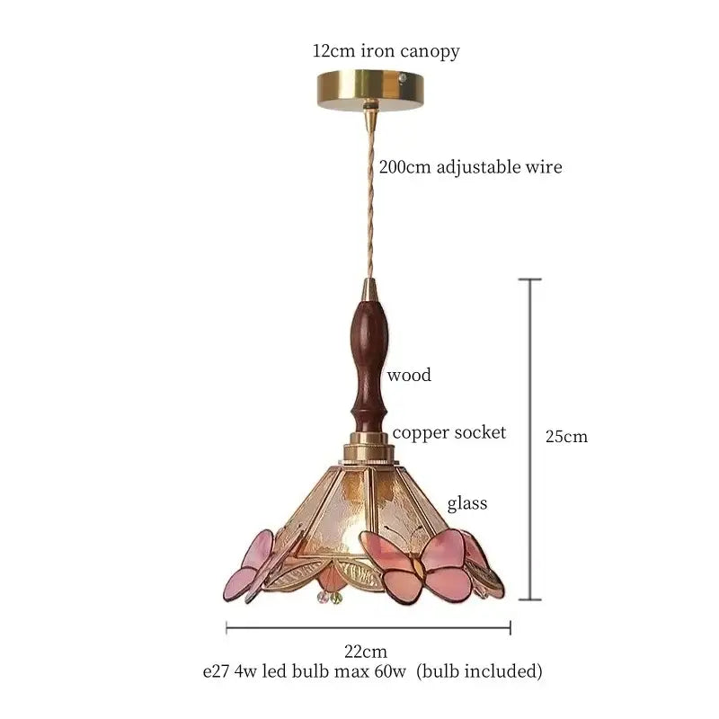 Pink butterfly glass led pendant light for bedroom