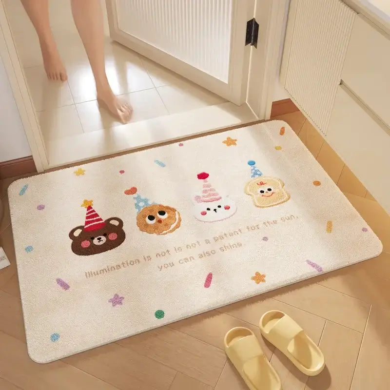 Pink cartoon print plush bathroom mat soft absorbent entrance rug