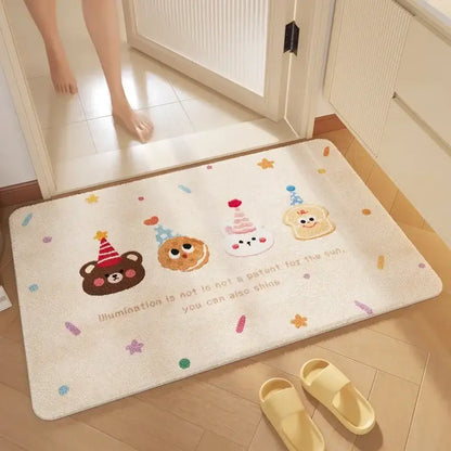 Pink cartoon print plush bathroom mat soft absorbent entrance rug