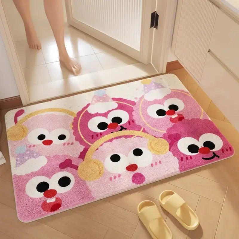 Pink cartoon print plush bathroom mat soft absorbent entrance rug