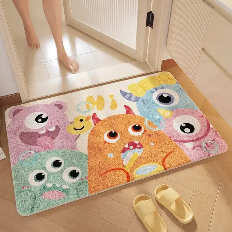 Pink cartoon print plush bathroom mat soft absorbent entrance rug
