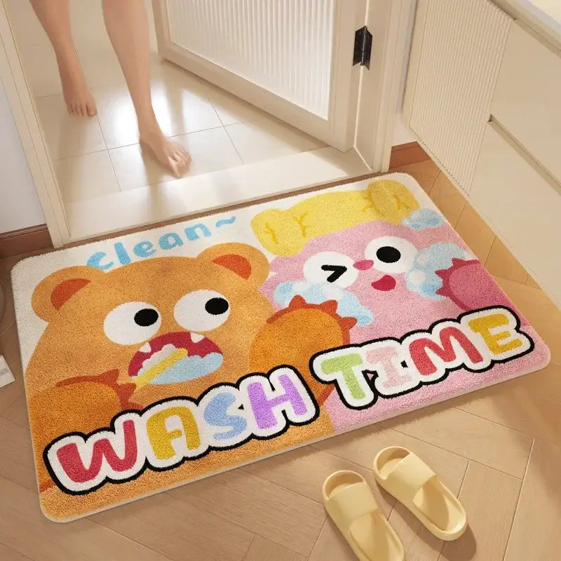 Pink cartoon print plush bathroom mat soft absorbent entrance rug