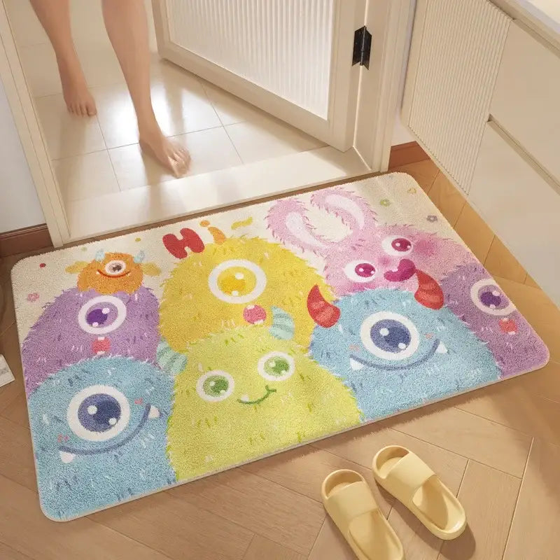 Pink cartoon print plush bathroom mat soft absorbent entrance rug