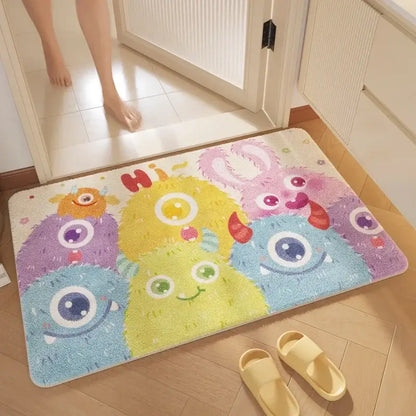 Pink cartoon print plush bathroom mat soft absorbent entrance rug