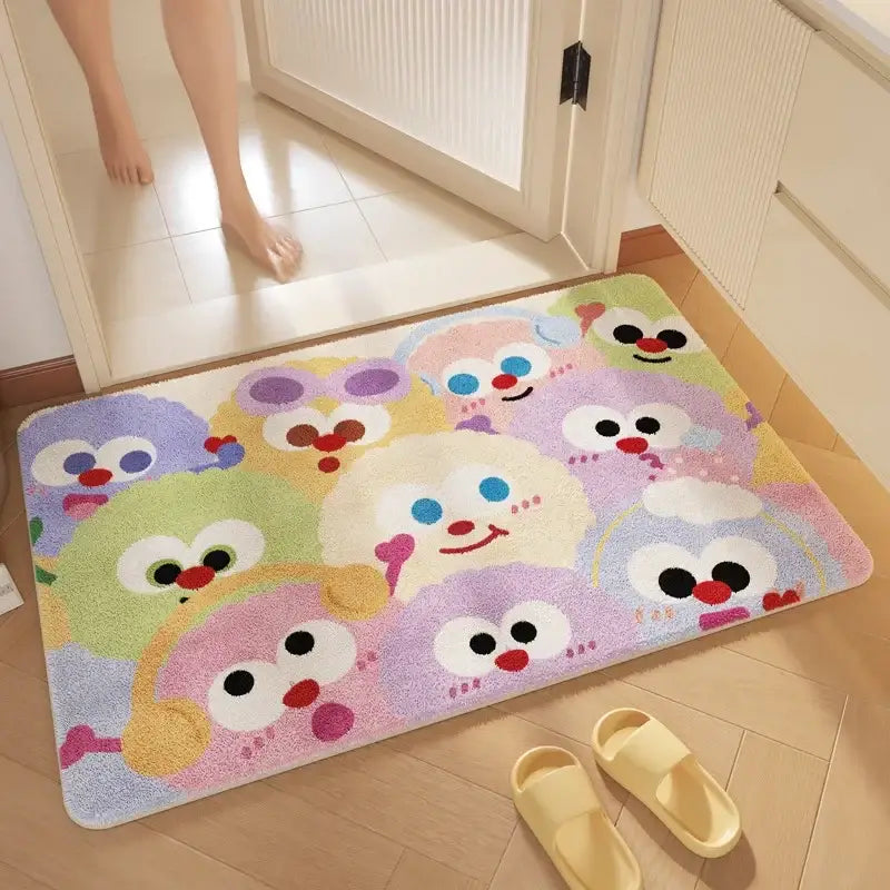 Pink cartoon print plush bathroom mat soft absorbent entrance rug