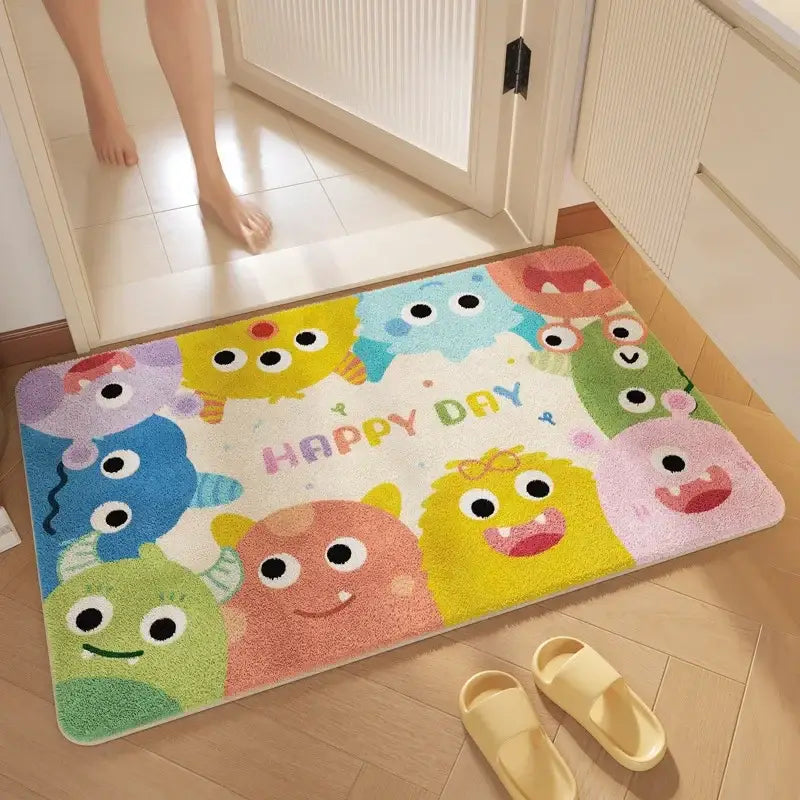 Pink cartoon print plush bathroom mat soft absorbent entrance rug