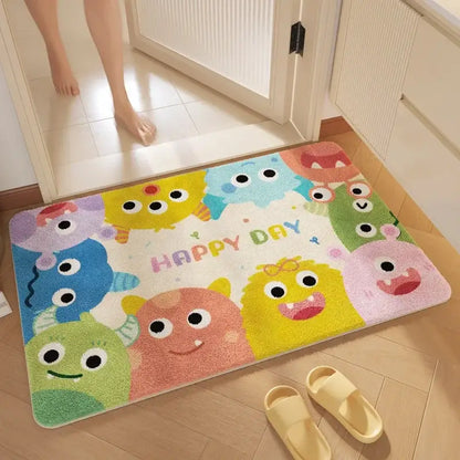Pink cartoon print plush bathroom mat soft absorbent entrance rug