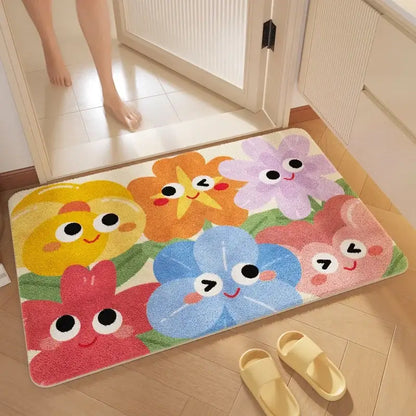 Pink cartoon print plush bathroom mat soft absorbent entrance rug