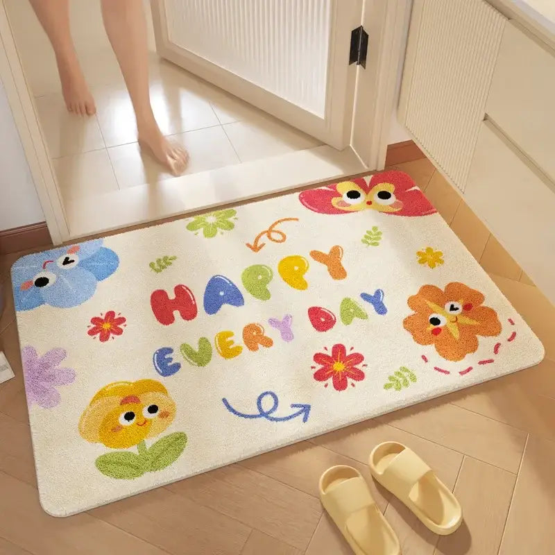 Pink cartoon print plush bathroom mat soft absorbent entrance rug